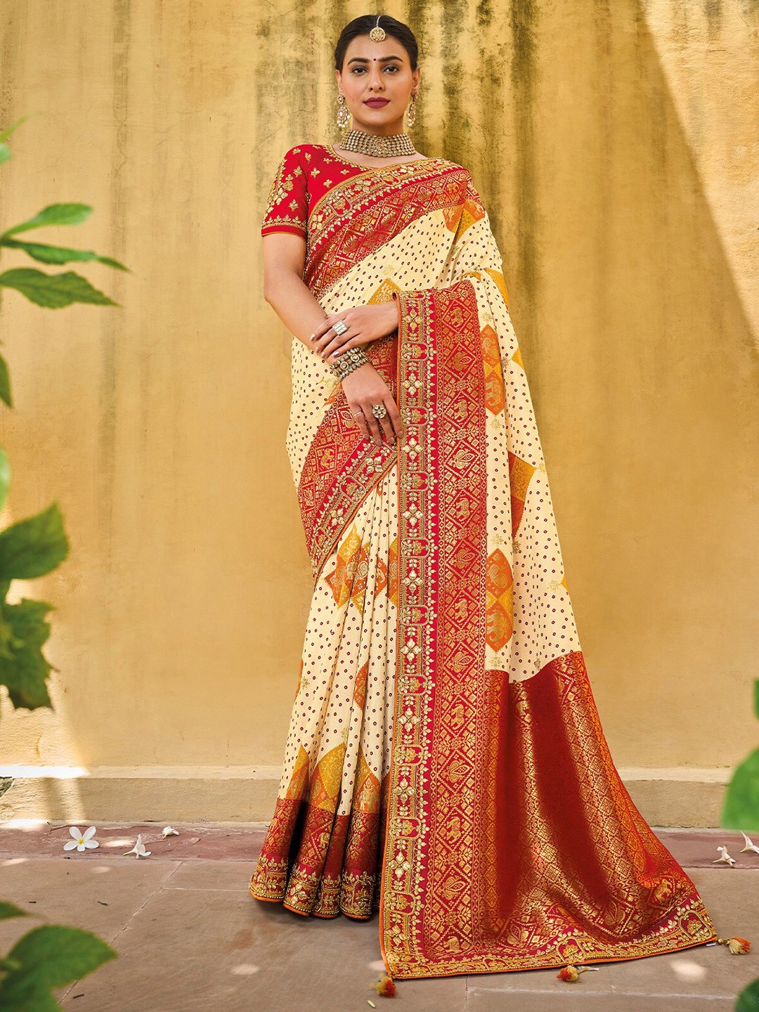 

ODETTE Bandhani Embroidered Silk Blend Saree, Beige