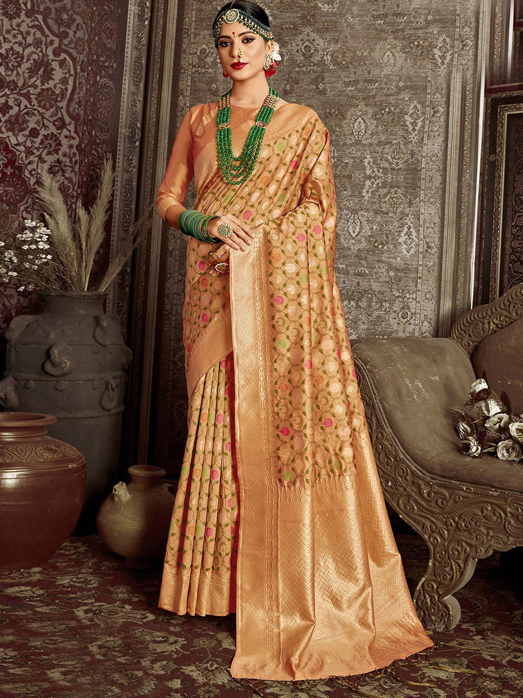 

ODETTE Woven Design Zari Silk Blend Banarasi Saree, Gold