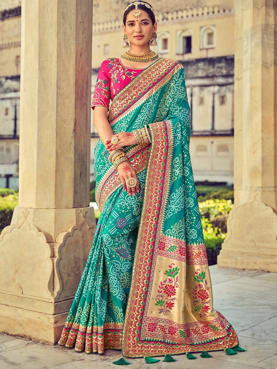 

ODETTE Ethnic Motifs Woven Design Embroidered Saree, Blue