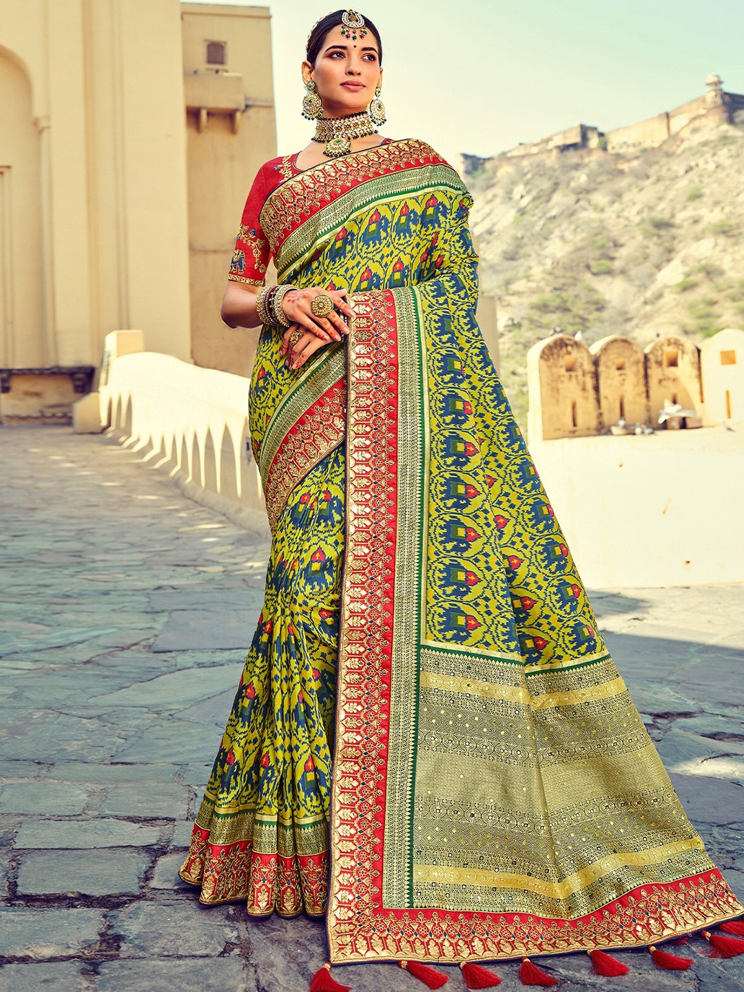 

ODETTE Ethnic Motifs Woven Design Beads And Stones Saree, Green