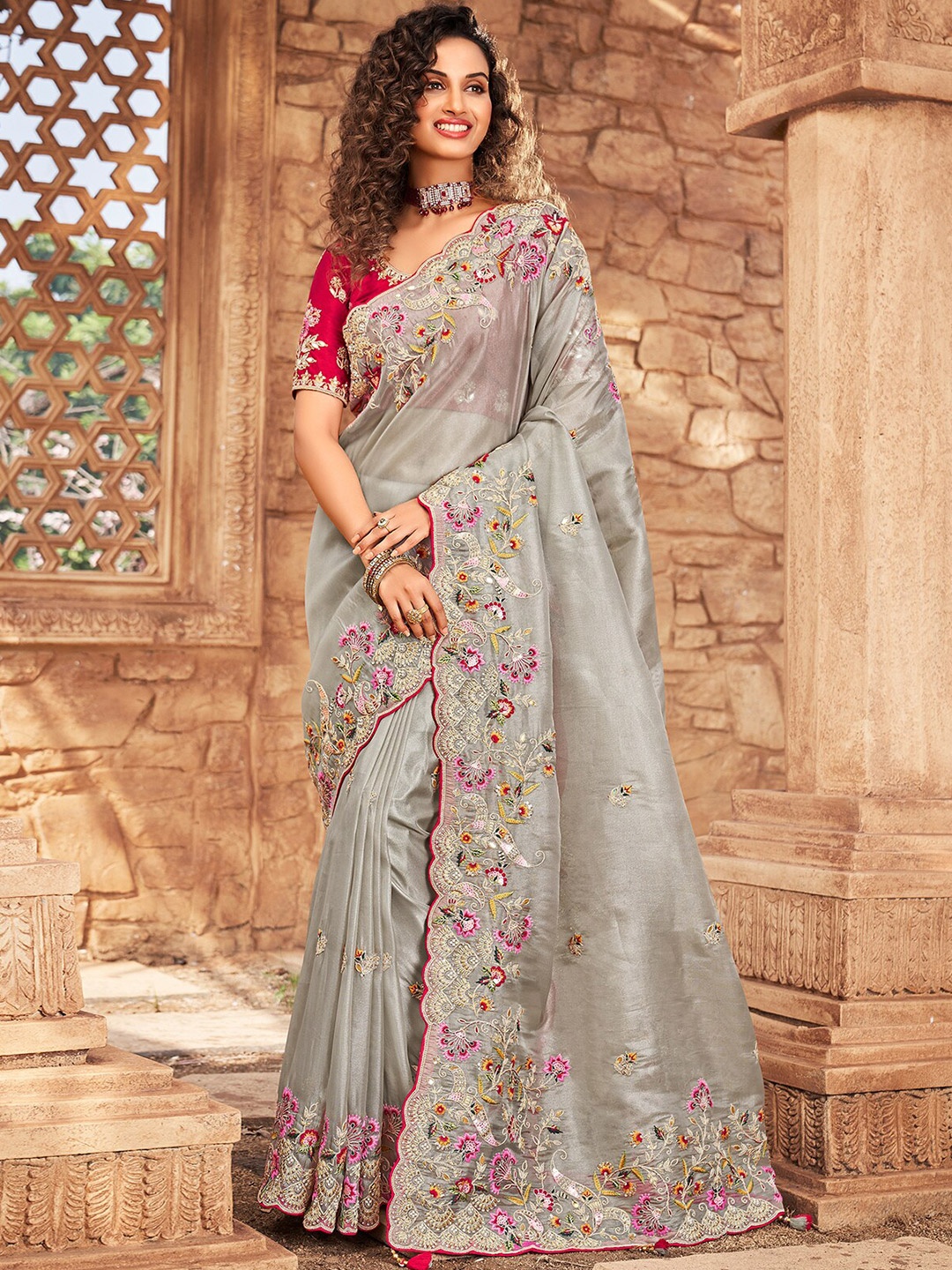 

ODETTE Floral Embroidered Sequined Organza Saree, Grey