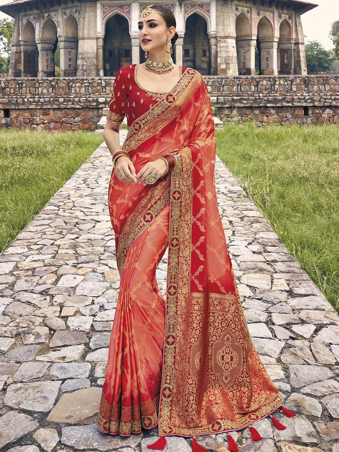 

ODETTE Ethnic Motifs Woven Design Zari Saree, Orange