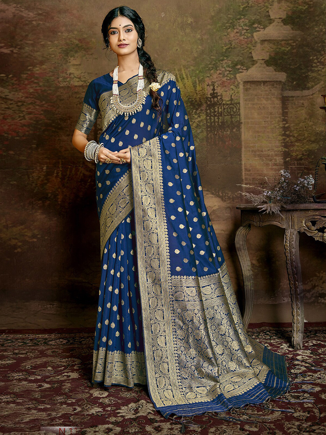 

ODETTE Ethnic Motifs Woven Design Zari Banarasi Saree, Blue