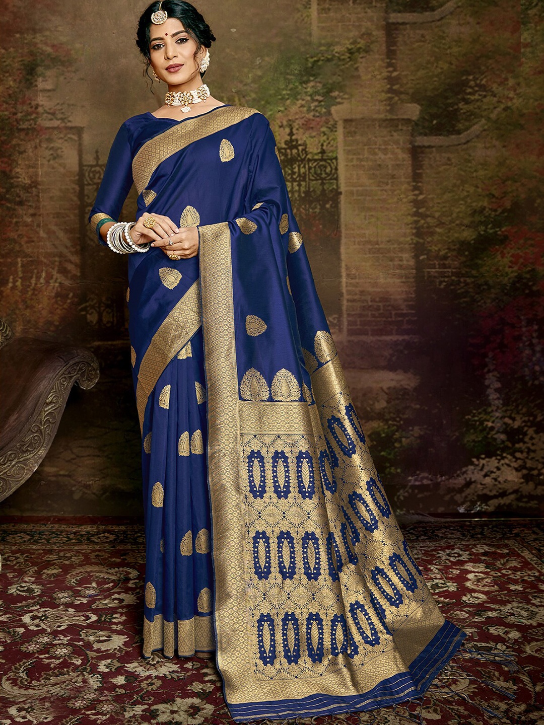

ODETTE Ethnic Motifs Woven Design Zari Banarasi Saree, Blue
