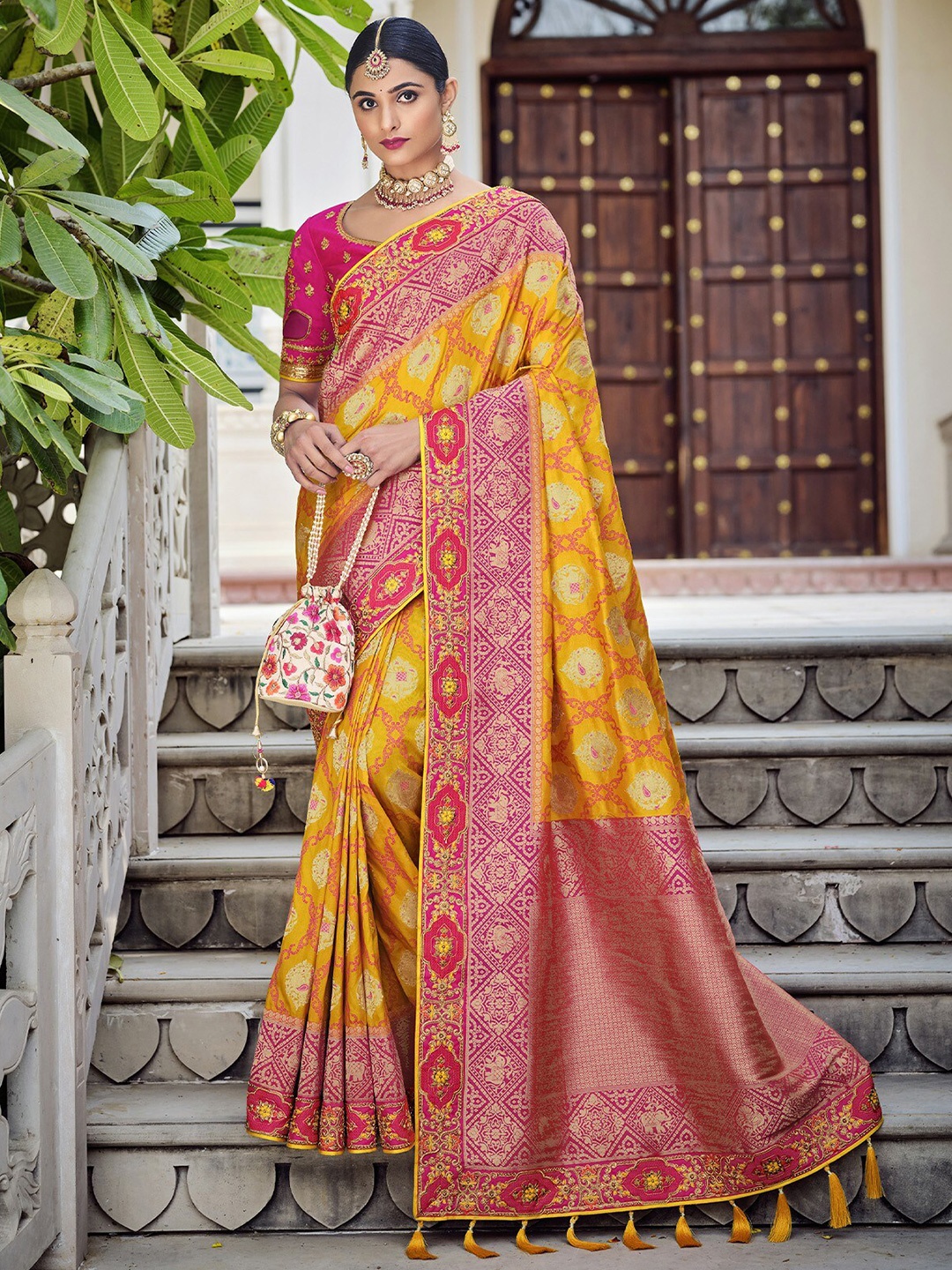 

ODETTE Ethnic Motifs Woven Design Sequinned Banarasi Saree, Yellow