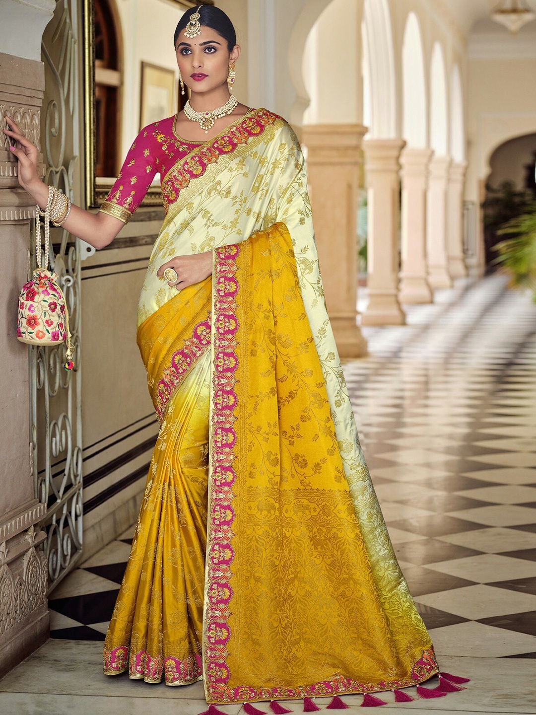

ODETTE Ethnic Motifs Woven Design Sequinned Banarasi Saree, Yellow