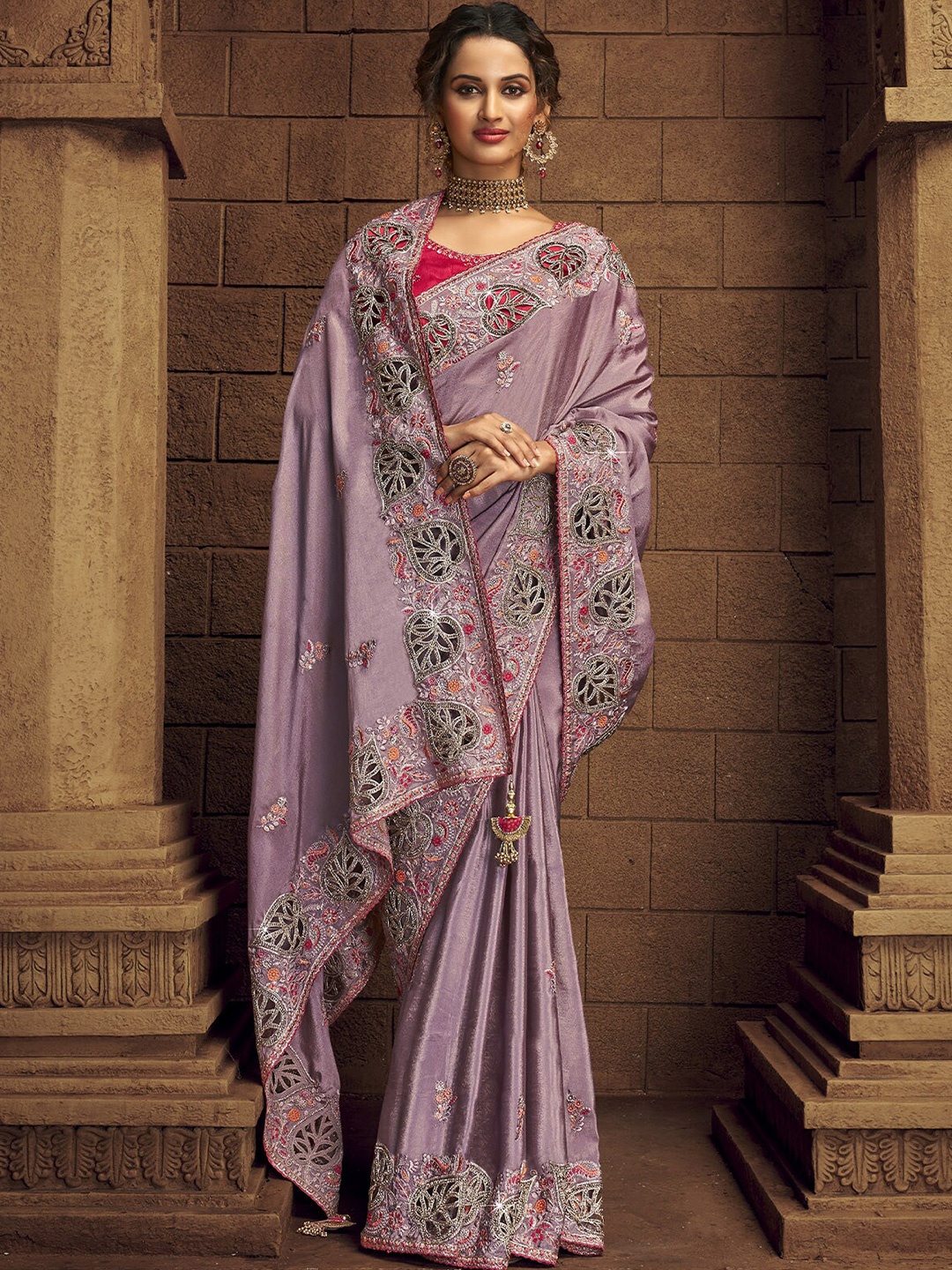 

ODETTE Floral Embroidered Sequinned Saree, Purple