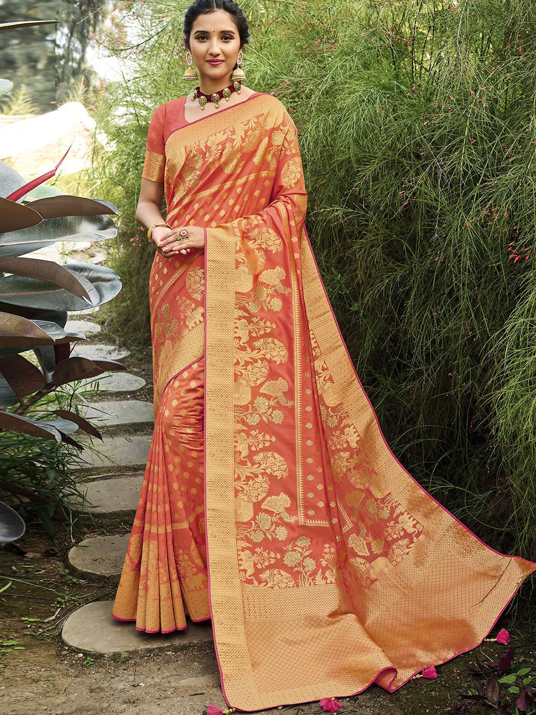 

ODETTE Ethnic Motifs Woven Design Zari Banarasi Saree, Orange