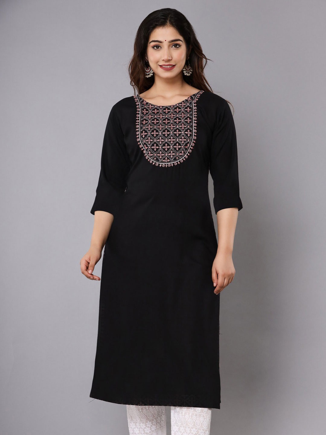 

Femvy Floral Embroidered Round Neck Kurta, Black