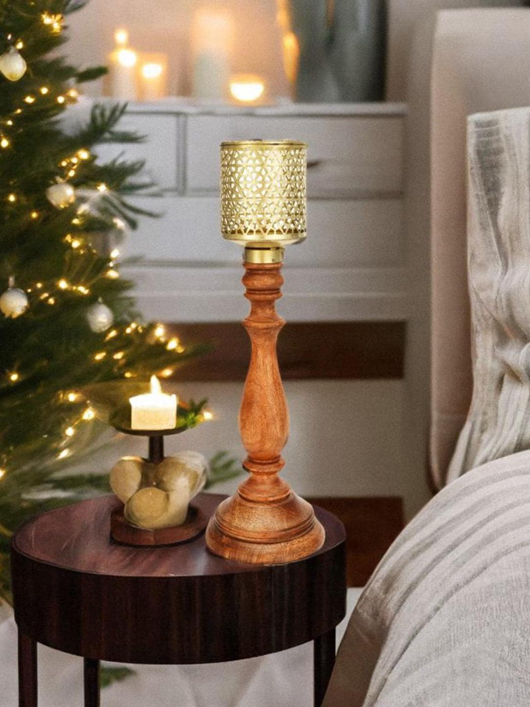 

Athome by Nilkamal Brown & Gold Toned Wooden Jali Candle Holder