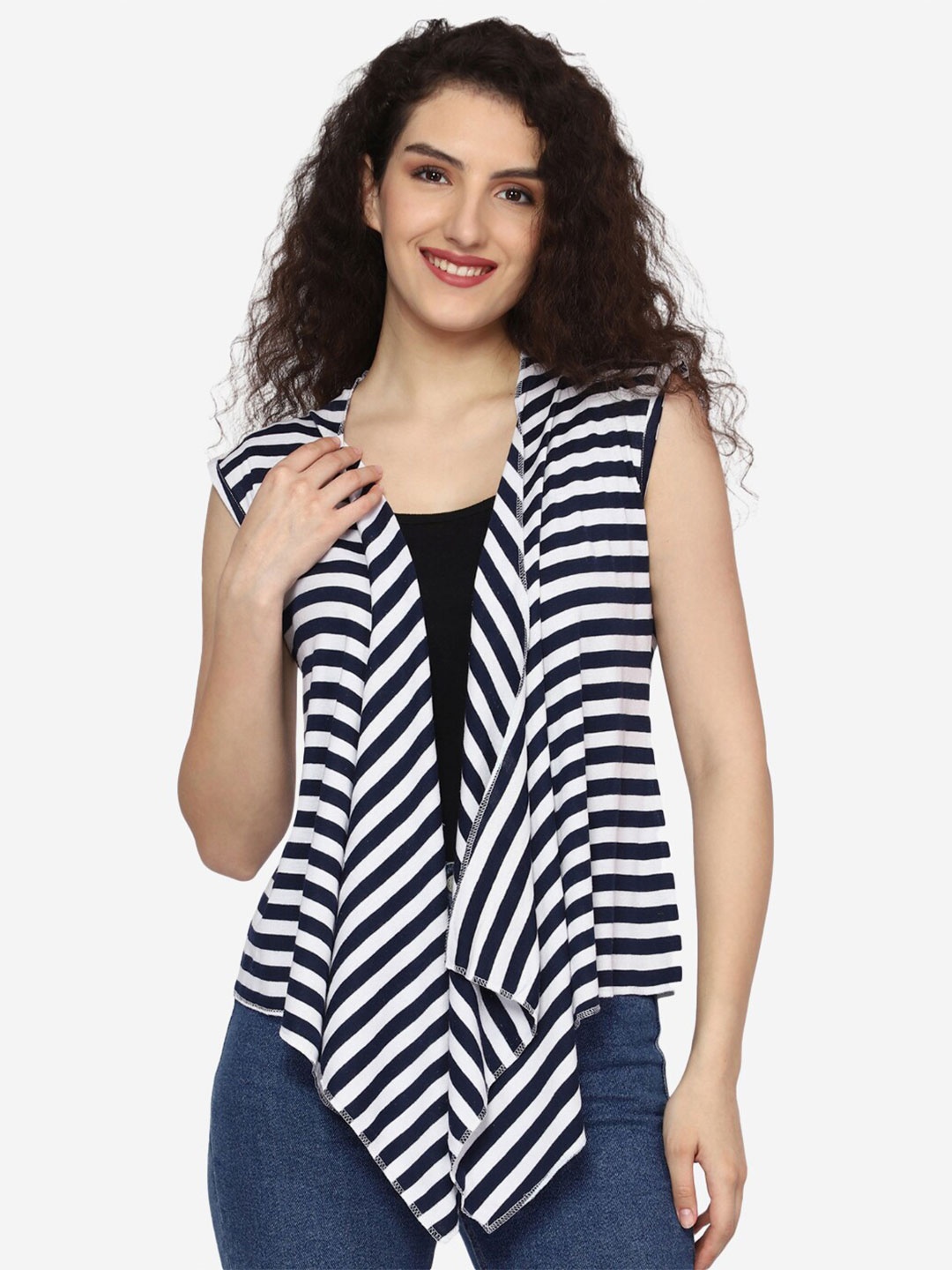 

TEEMOODS Striped Sleeveless Cotton Waterfall Shrug, Navy blue