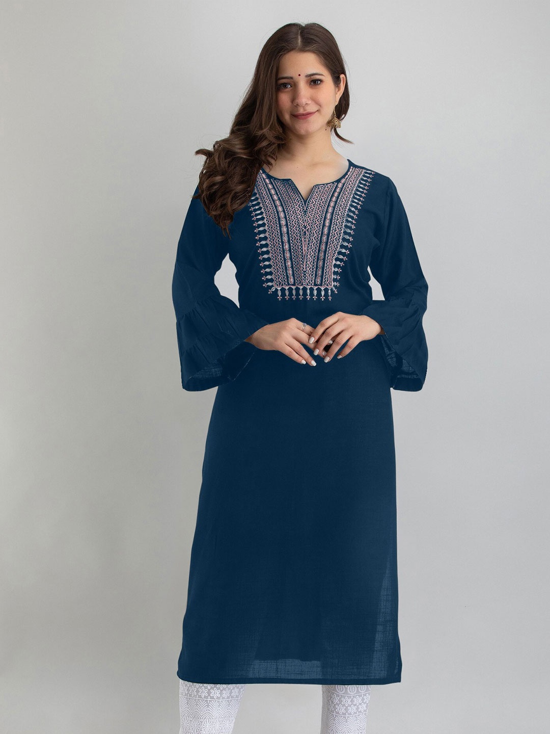 

Femvy Yoke Design Thread Work Sequined Bell Sleeves Kurta, Navy blue
