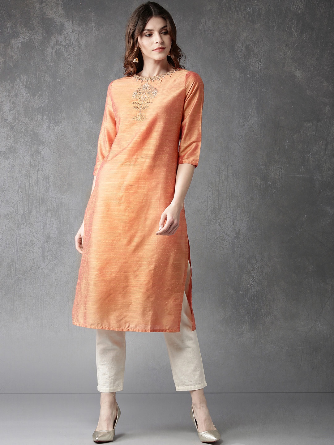 

Anouk Women Orange Yoke Design Straight Kurta