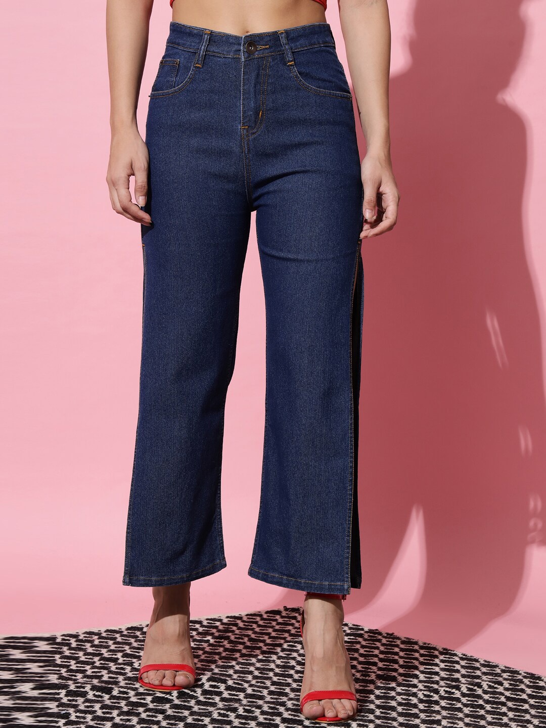 

UNITED DENIM Women Flared High-Rise Stretchable Side Slits Cotton Jeans, Blue