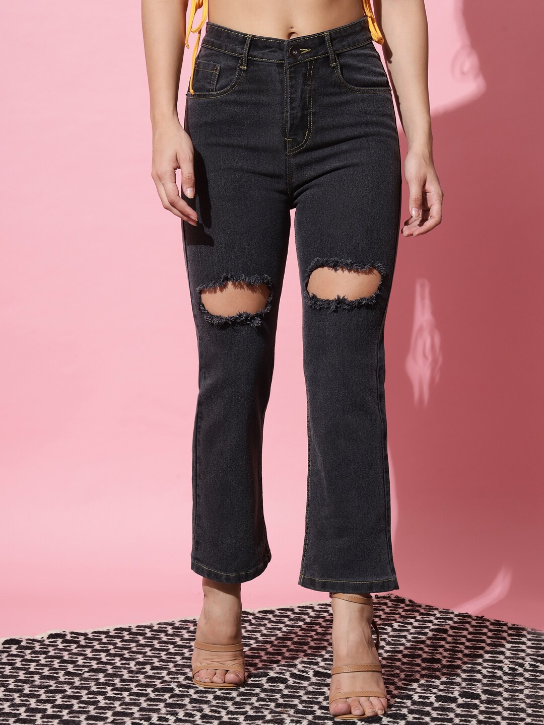 

UNITED DENIM Women Flared Mid-Rise Highly Distressed Stretchable Jeans, Charcoal
