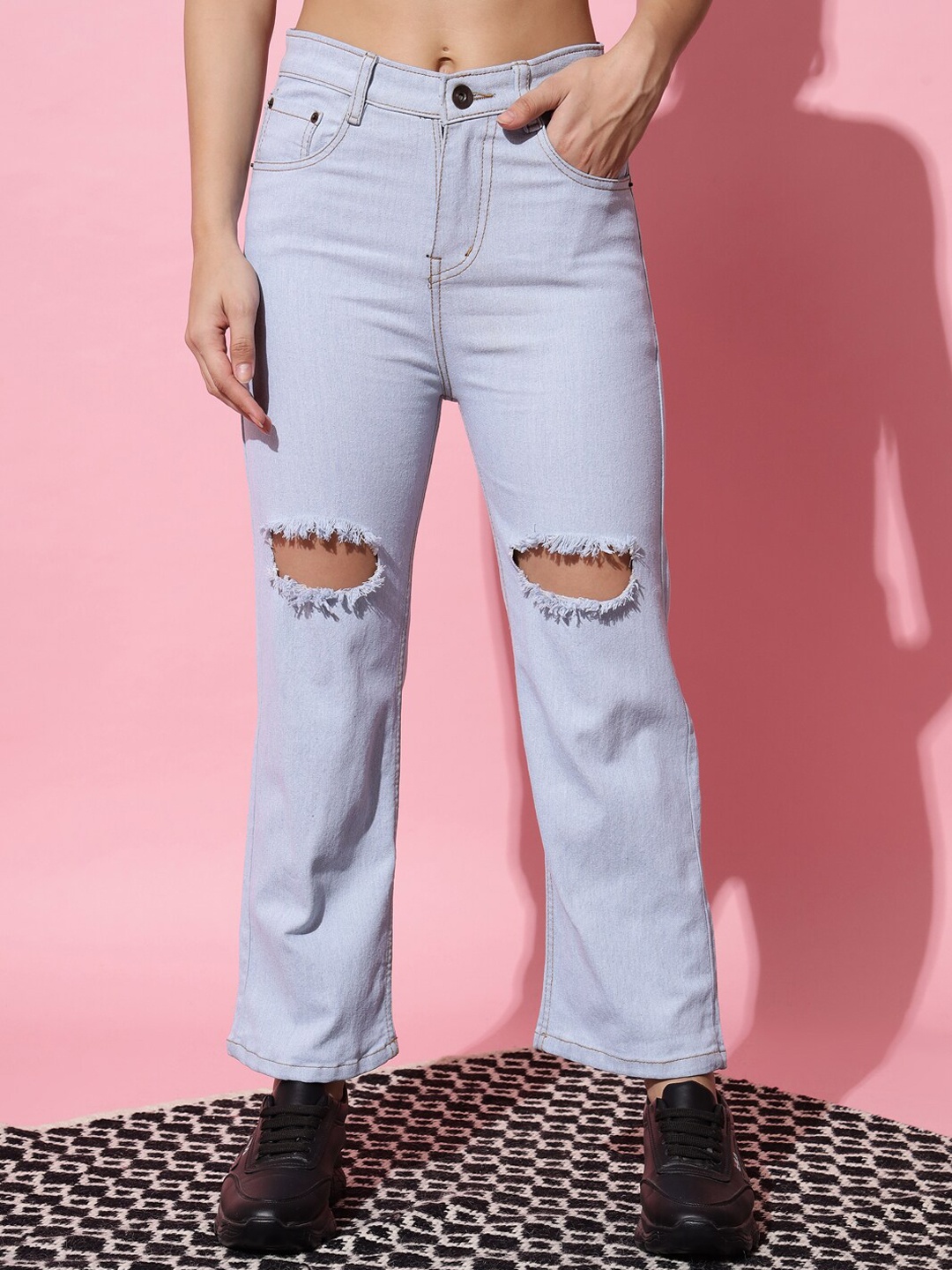 

UNITED DENIM Women Flared High-Rise Mildly Distressed Stretchable Cotton Jeans, Blue