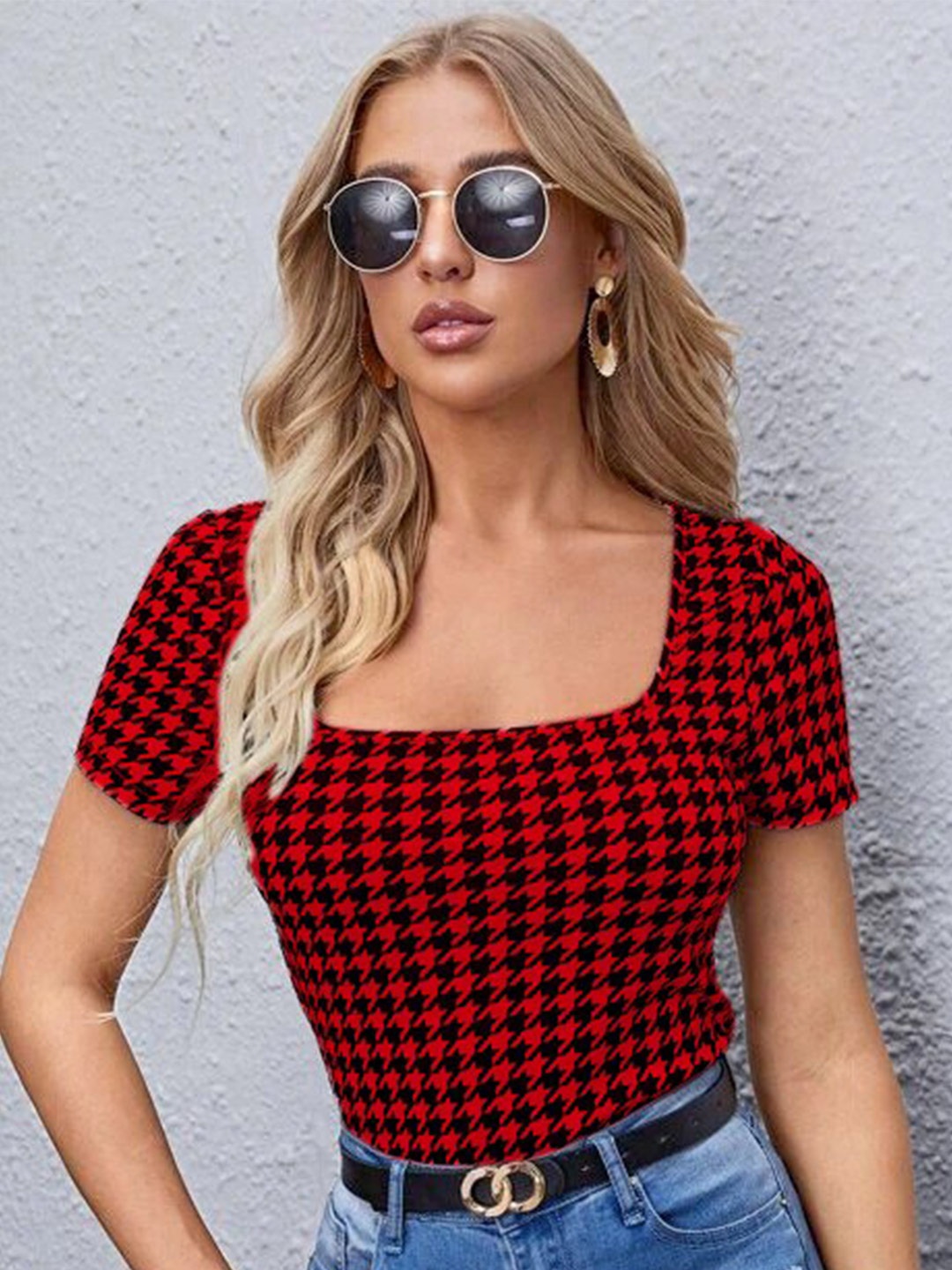 

RAJOVATI Square Neck Checked Puff Sleeve Casual Top, Red