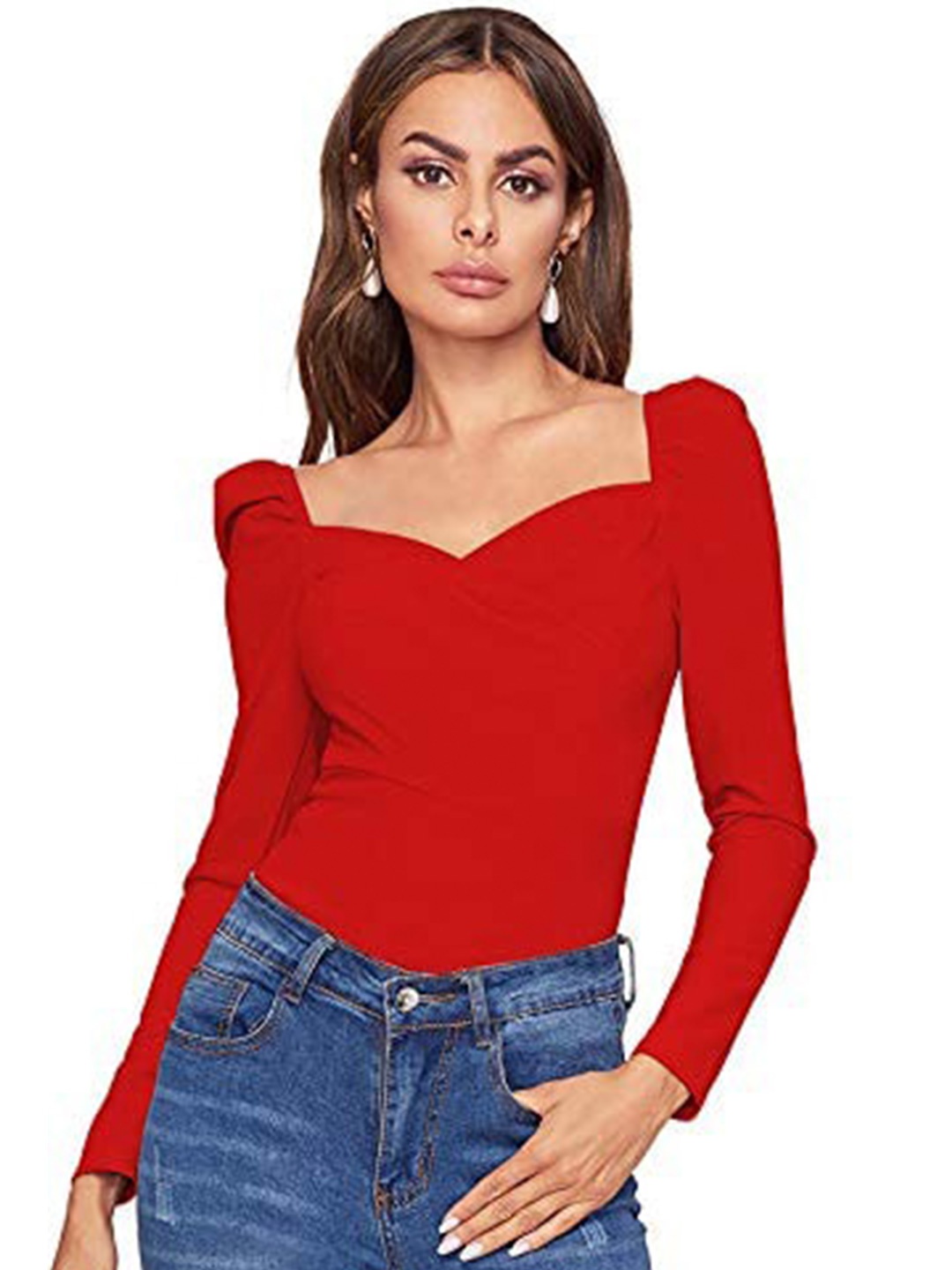 

RAJOVATI Sweetheart Neck Puff Sleeves Fitted Top, Red