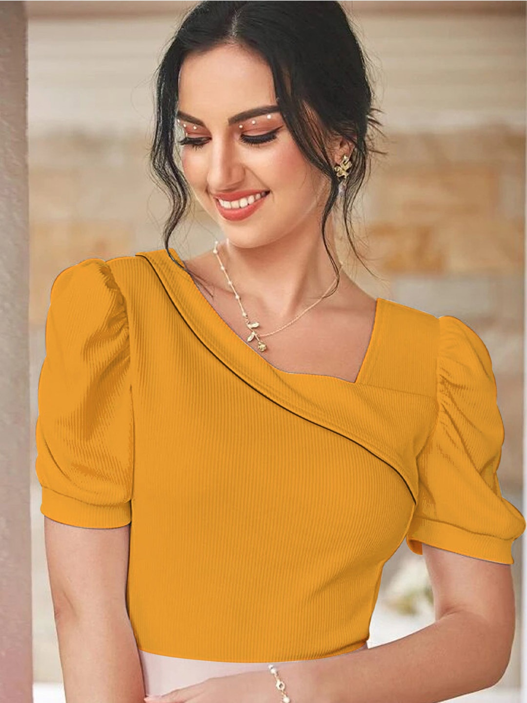 

RAJOVATI Puff Sleeves Fitted Top, Yellow
