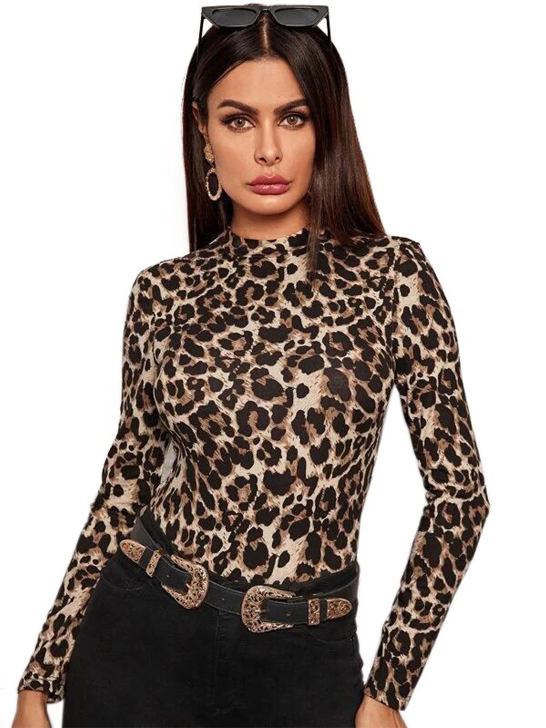 

RAJOVATI Animal Printed High Neck Fitted Top, Brown