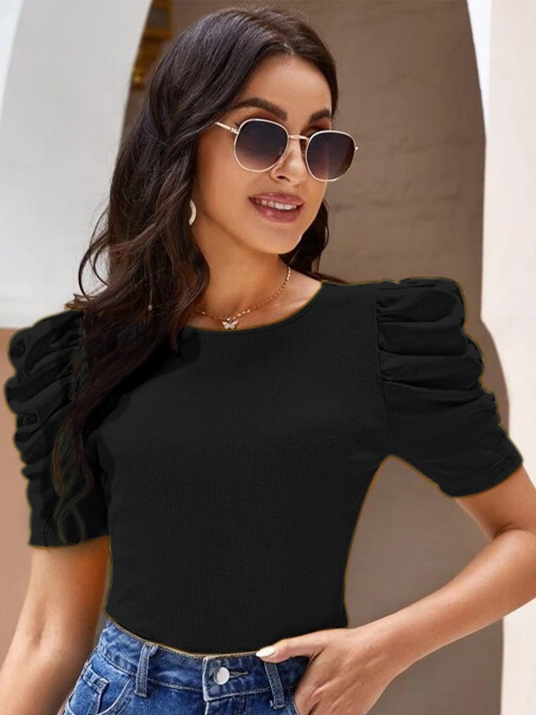 

RAJOVATI Puff Sleeves Fitted Top, Black