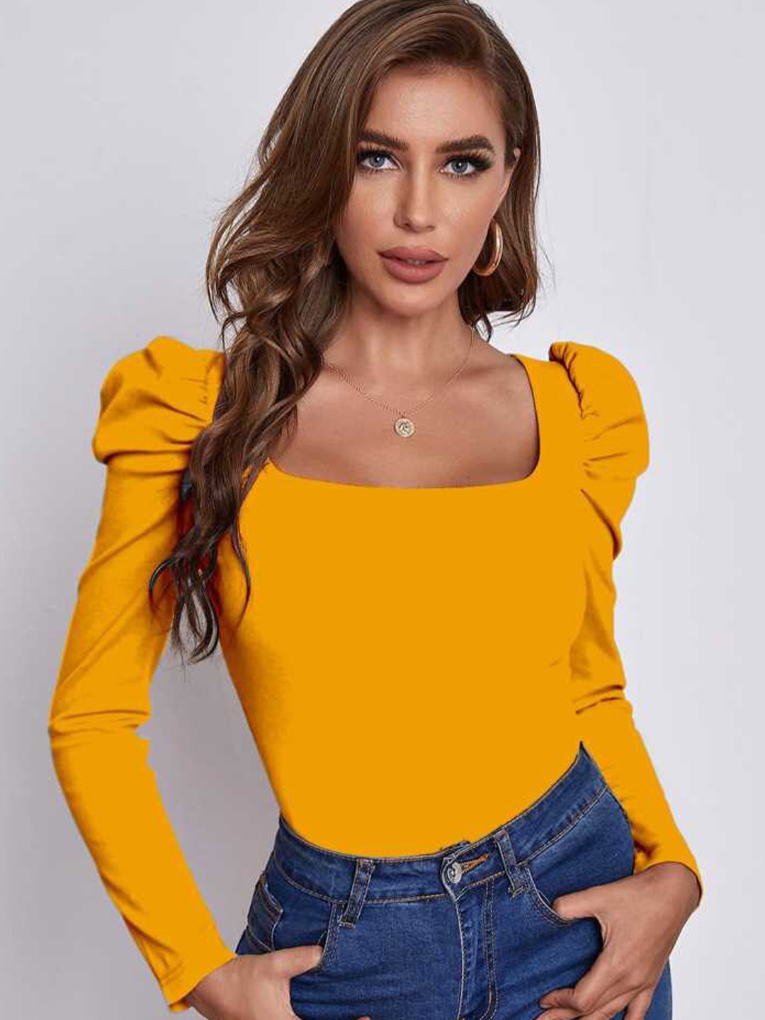 

RAJOVATI Square Neck Puff Sleeves Fitted Top, Yellow