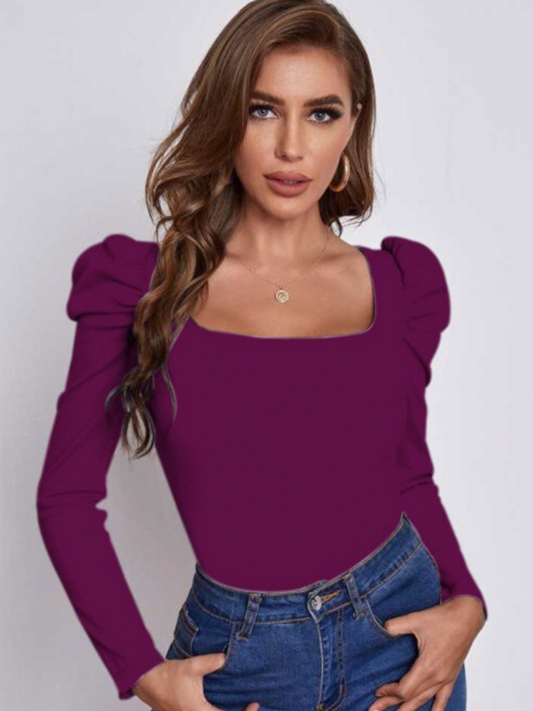 

RAJOVATI Square Neck Puff Sleeves Top, Purple