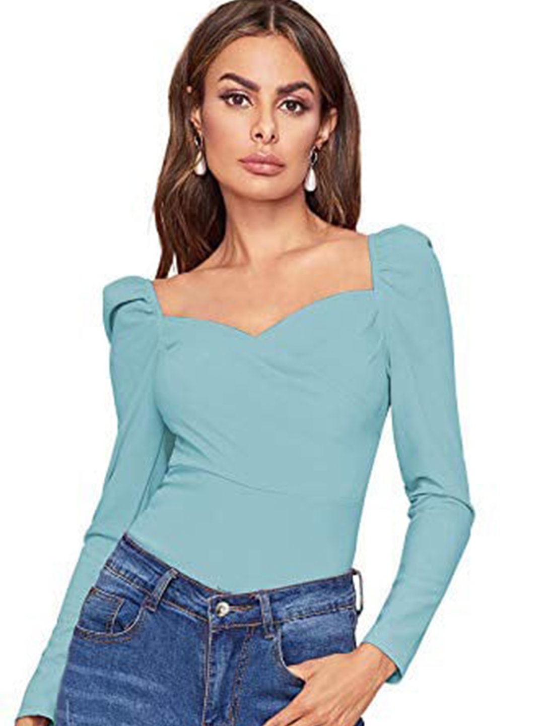 

RAJOVATI Sweetheart Neck Puff Sleeves Wrap Top, Turquoise blue