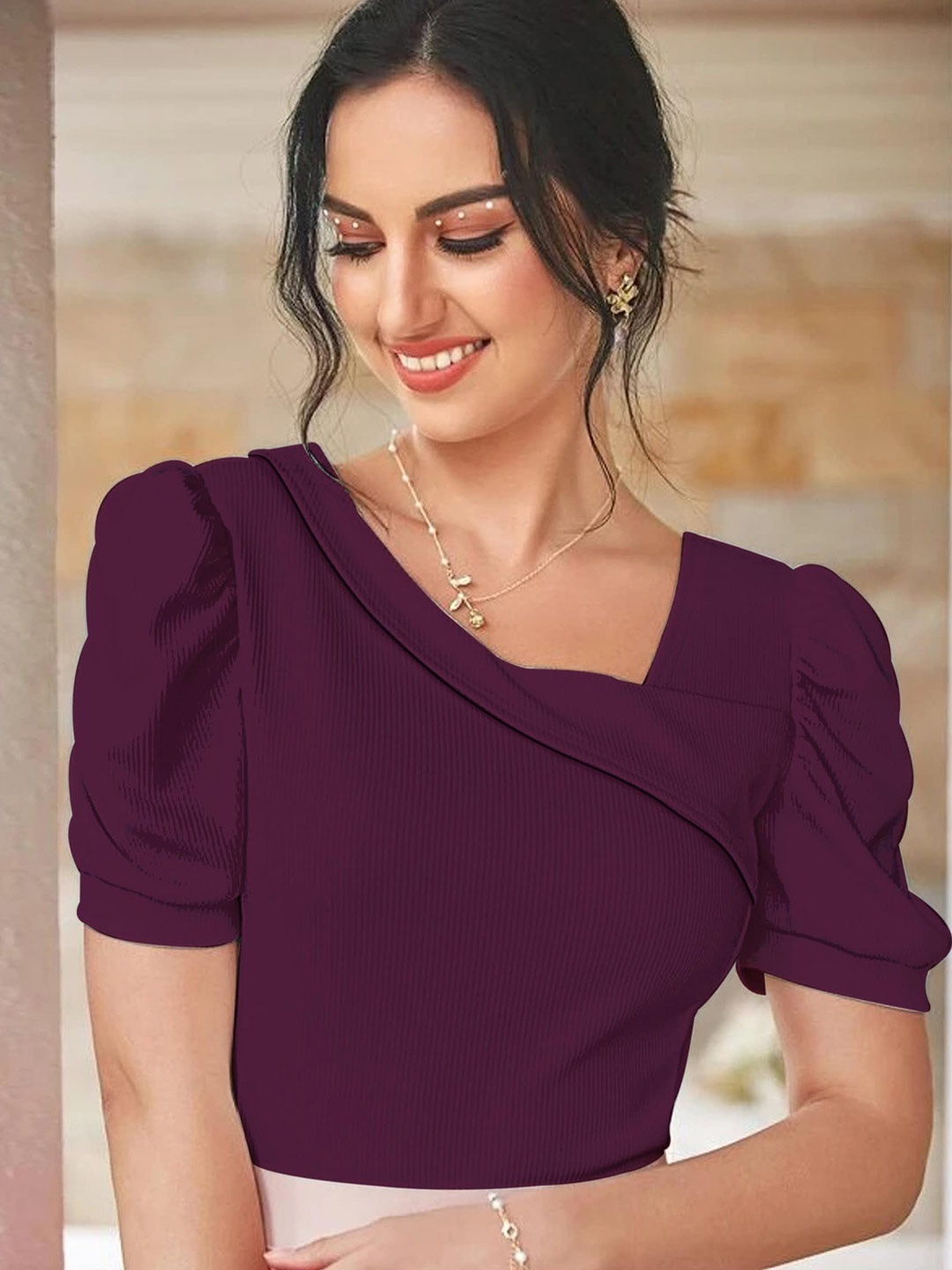 

RAJOVATI V-Neck Puff Sleeves Top, Purple