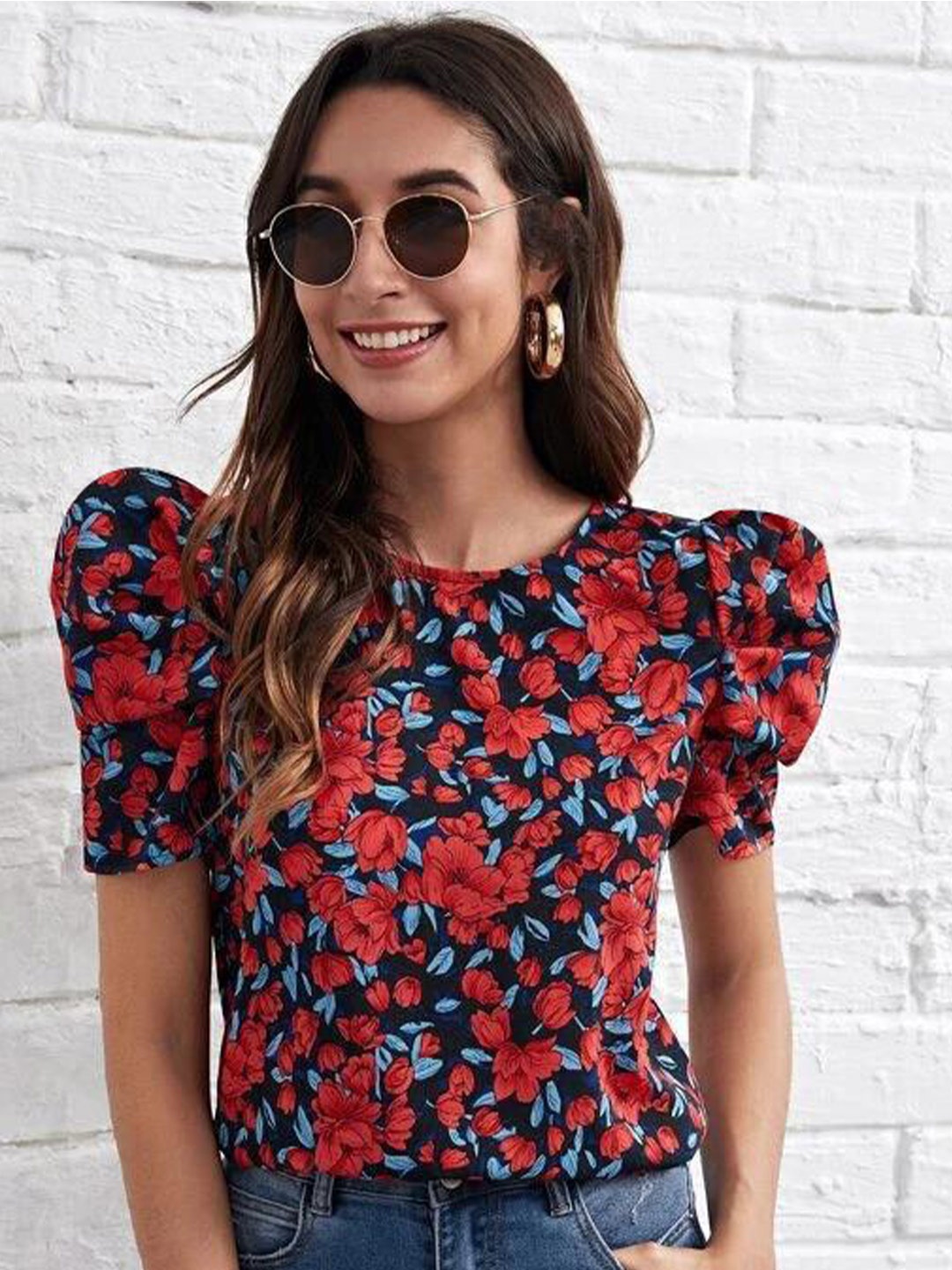 

RAJOVATI Floral Printed Puff Sleeves Top, Red