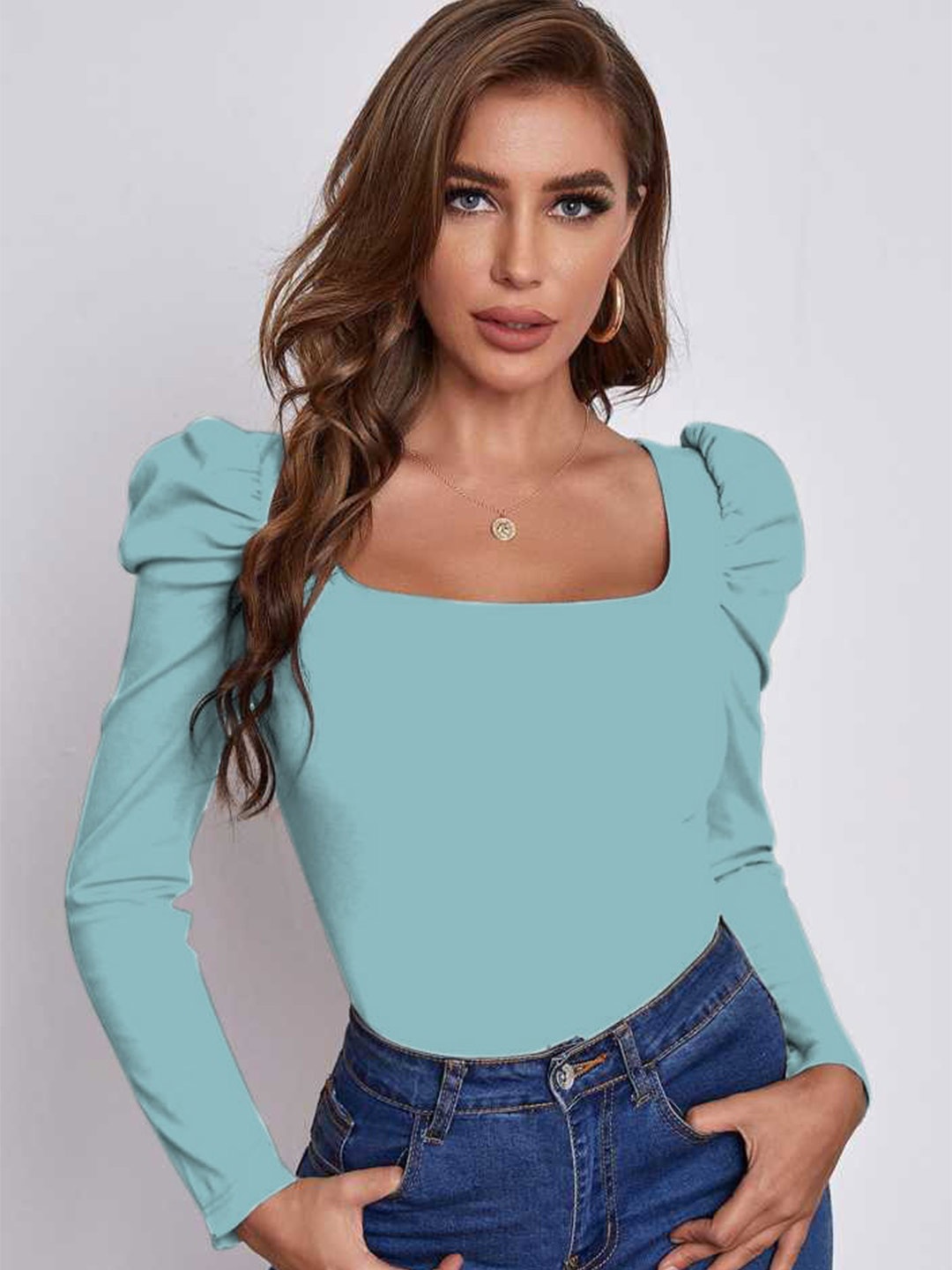 

RAJOVATI Turquoise Blue Puff Sleeve Top