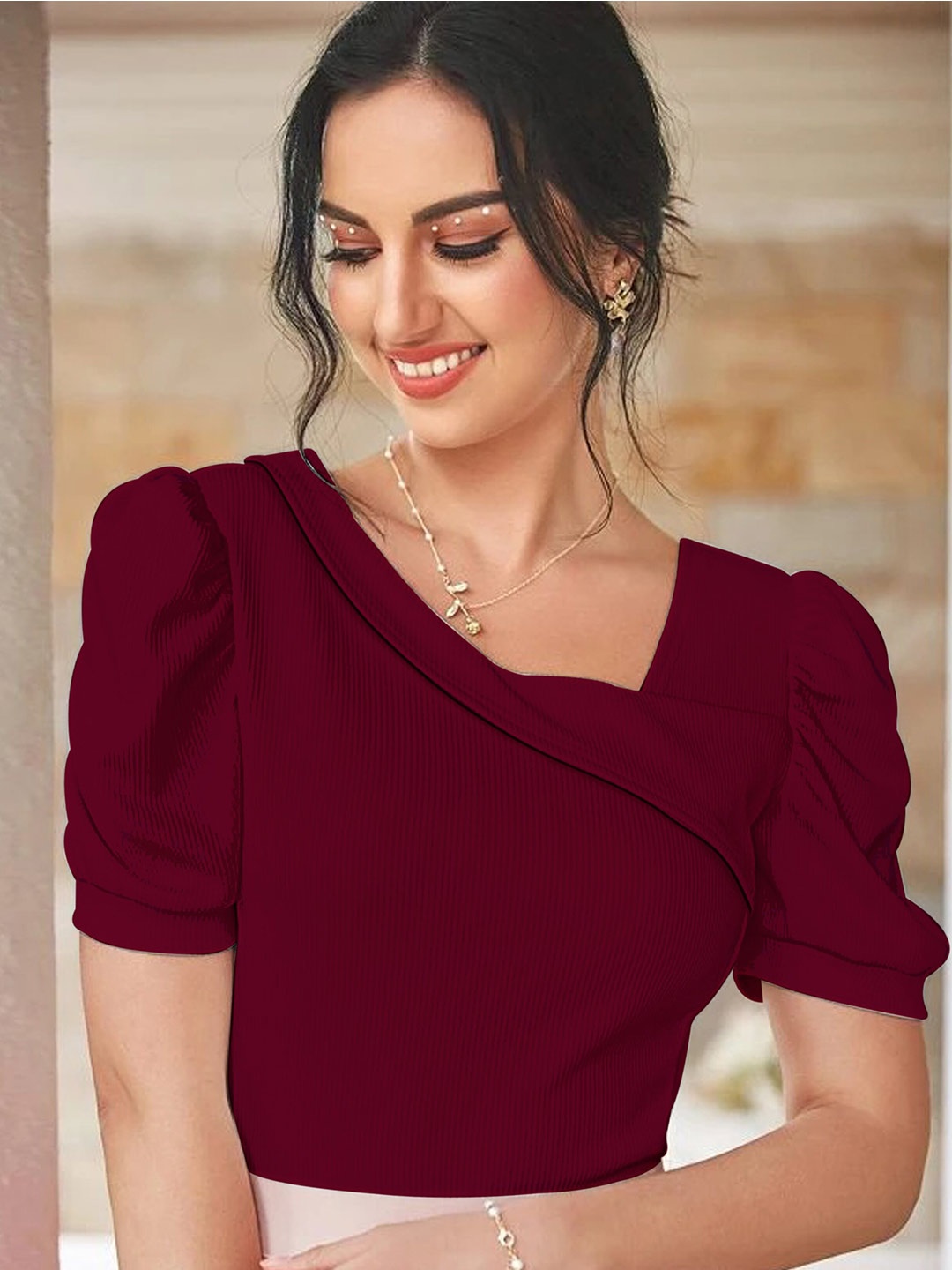 

RAJOVATI V-Neck Puff Sleeves Top, Maroon
