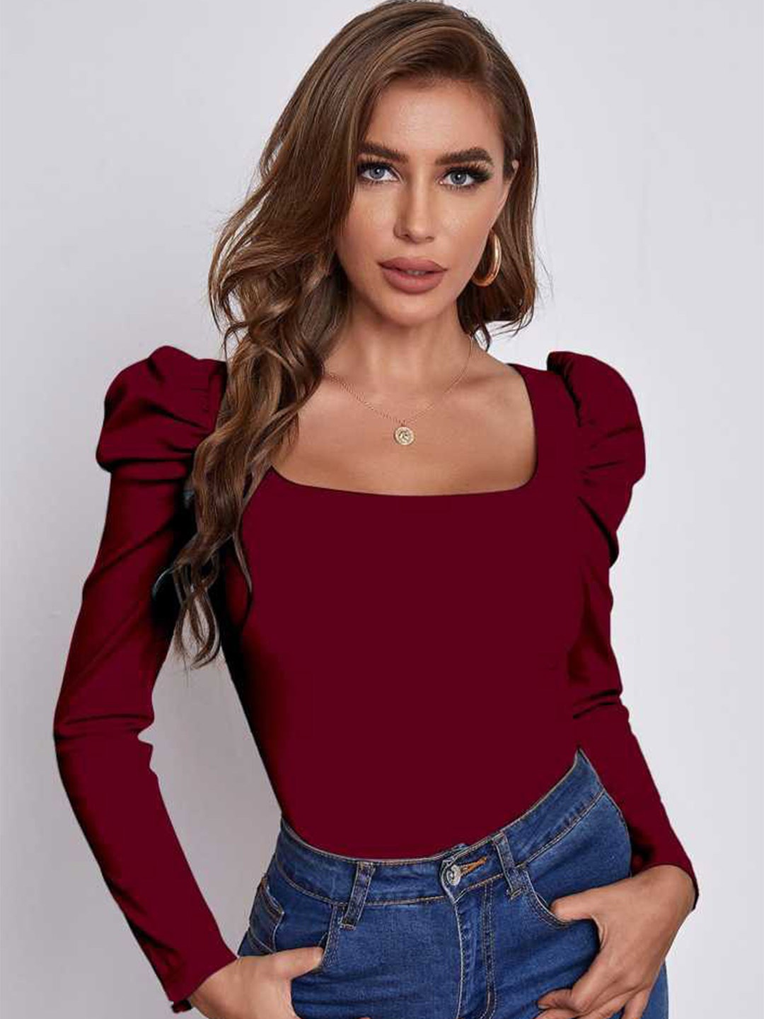 

RAJOVATI Square Neck Puff Sleeves Top, Maroon