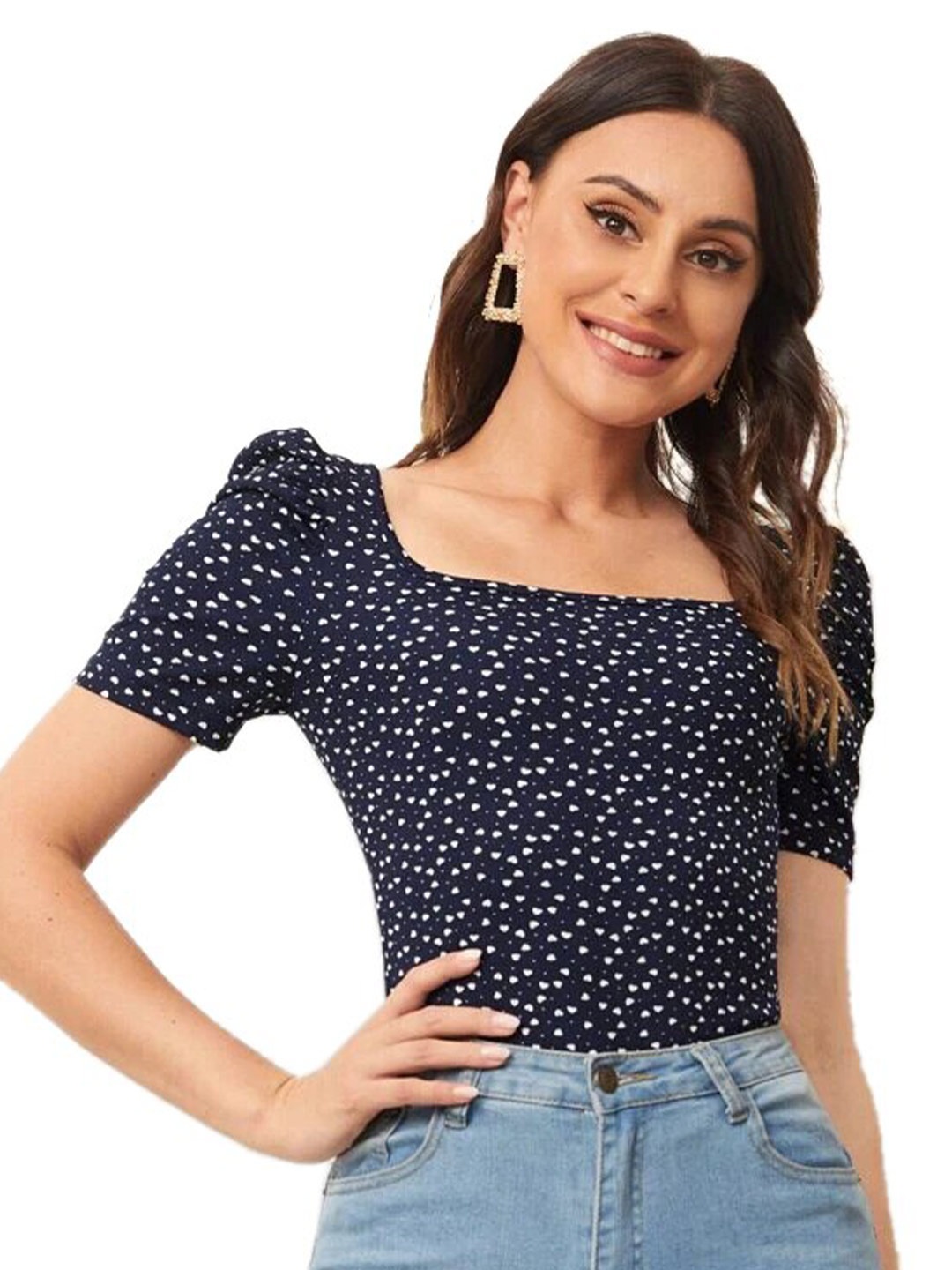 

RAJOVATI Geometric Printed Square Neck Puff Sleeves Top, Navy blue