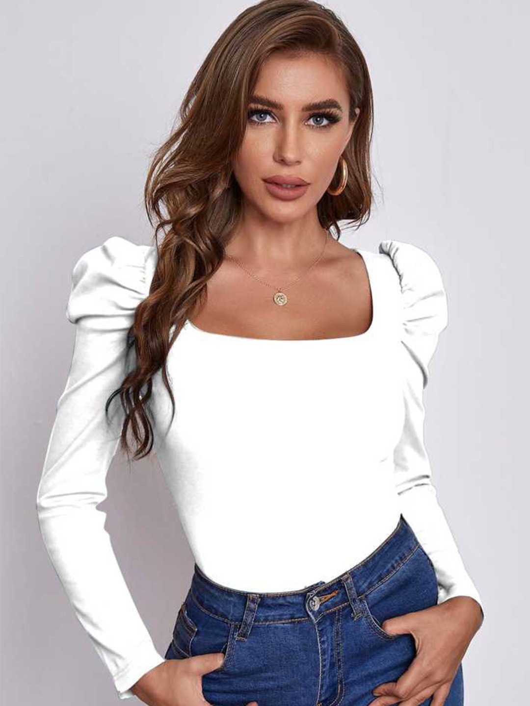 

RAJOVATI Square Neck Puff Sleeves Top, White