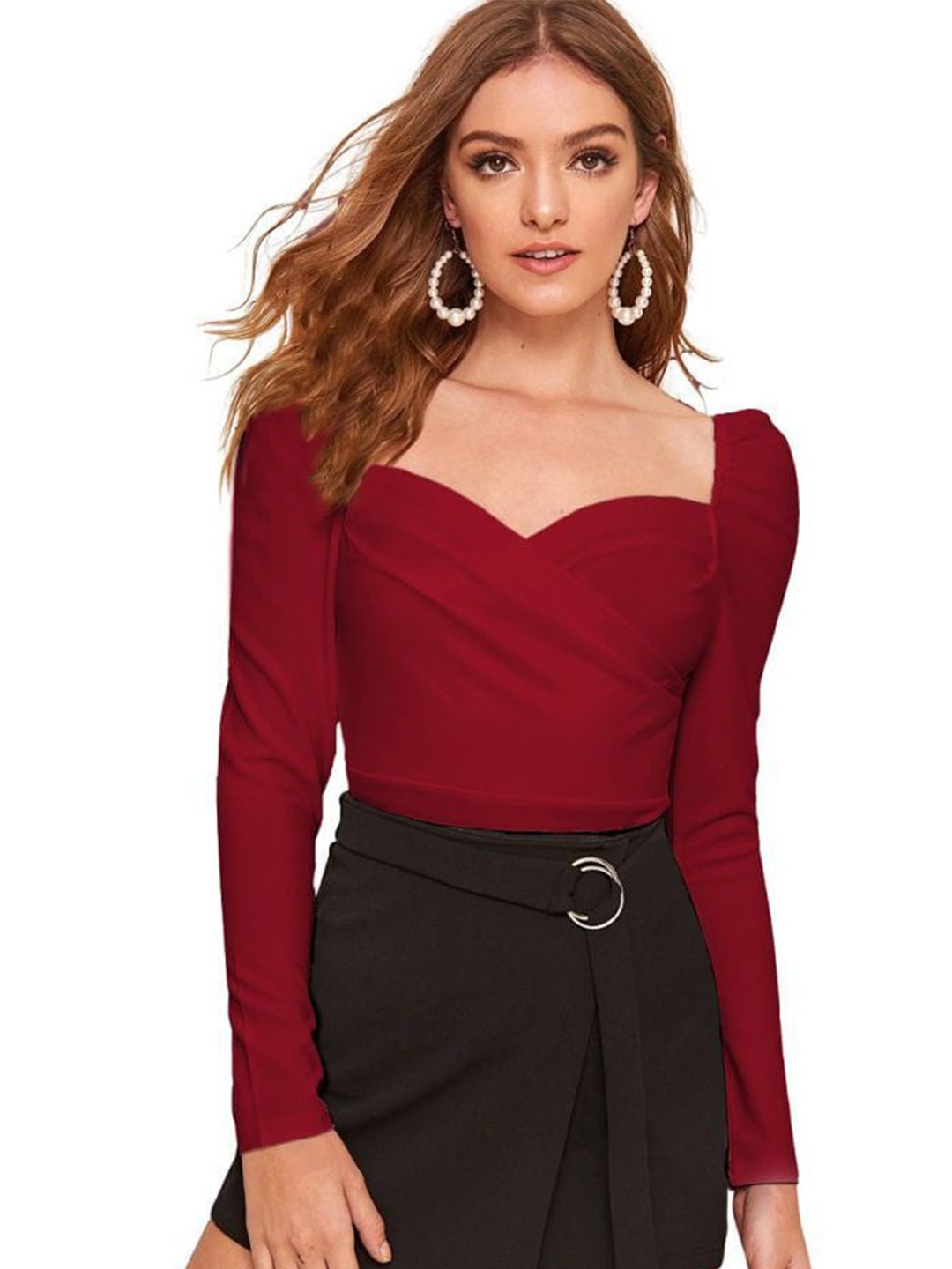 

RAJOVATI Sweetheart Neck Puff Sleeves Crop Wrap Top, Maroon