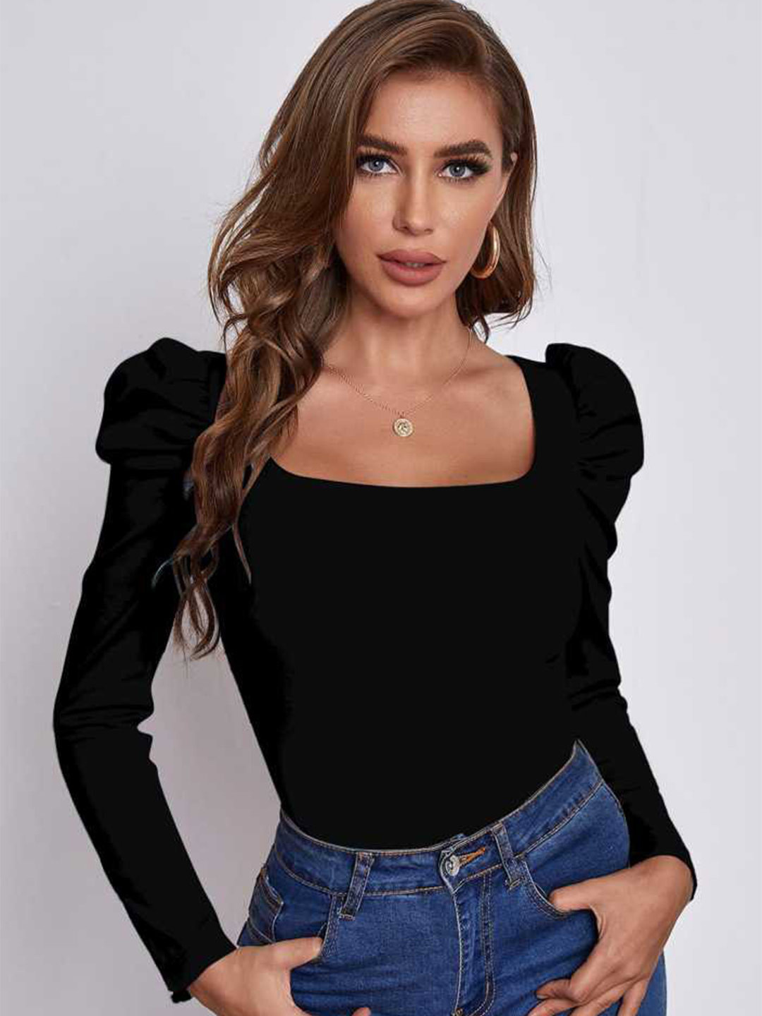 

RAJOVATI Square Neck Puff Sleeves Top, Black