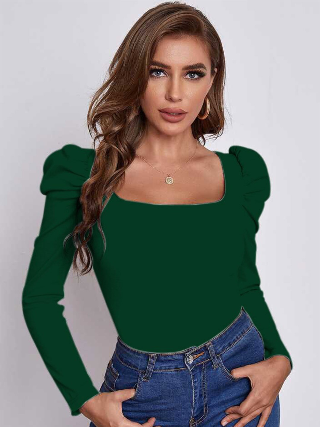 

RAJOVATI Square Neck Puff Sleeves Fitted Top, Green