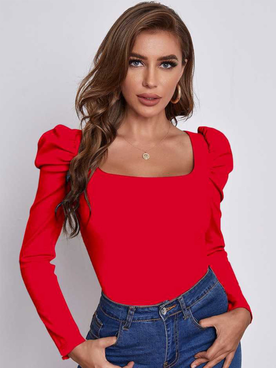 

RAJOVATI Square Neck Puff Sleeves Fitted Top, Red