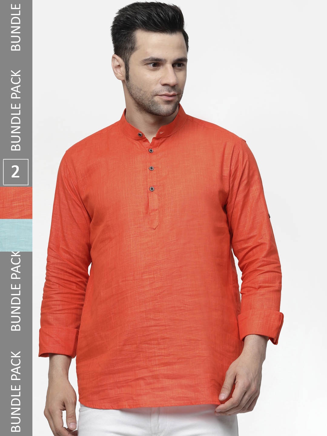 

allan peter Pack of 2 Mandarin Collar Cotton Kurtas, Orange