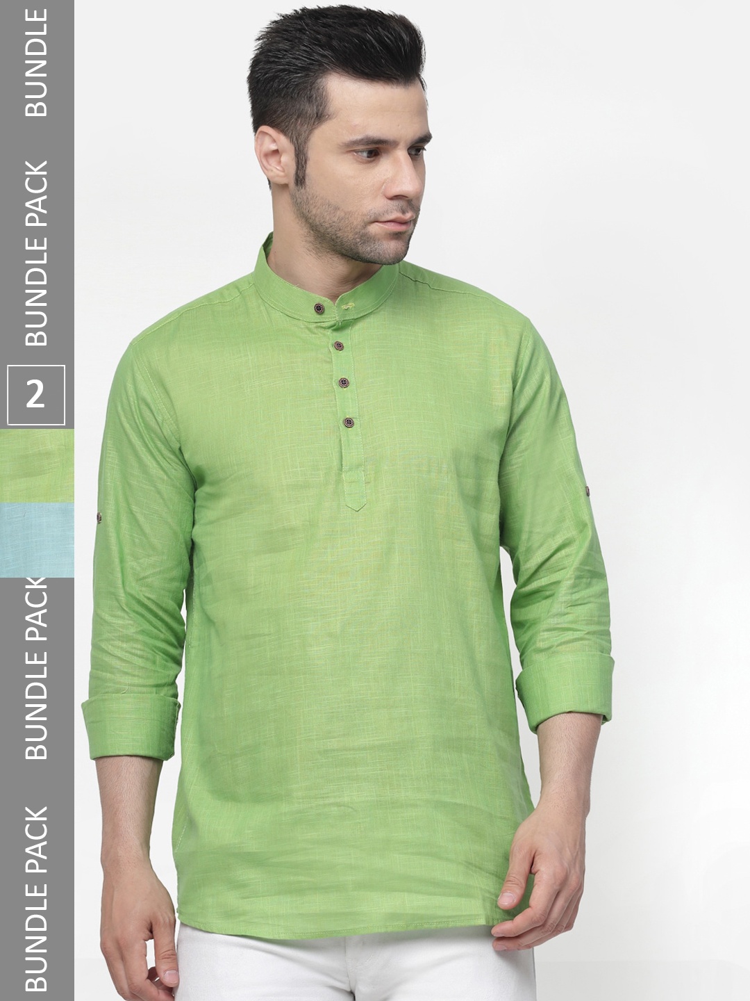 

allan peter Pack Of 2 Mandarin Collar Pure Cotton Kurta, Green