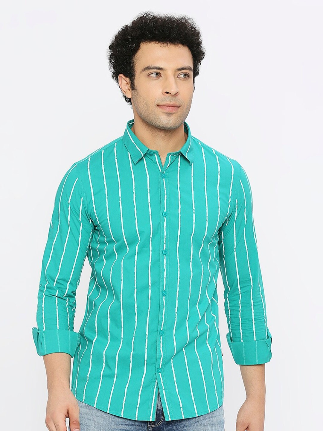 

SPYKAR Classic Vertical Striped Spread Collar Cotton Shirt, Green