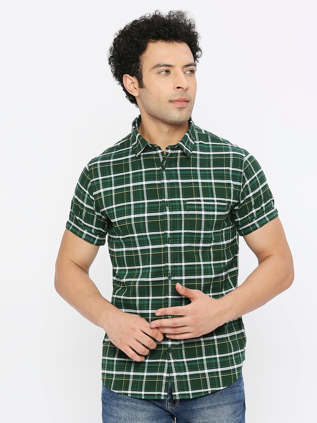 

SPYKAR Classic Slim Fit Checked Cotton Casual Shirt, Green