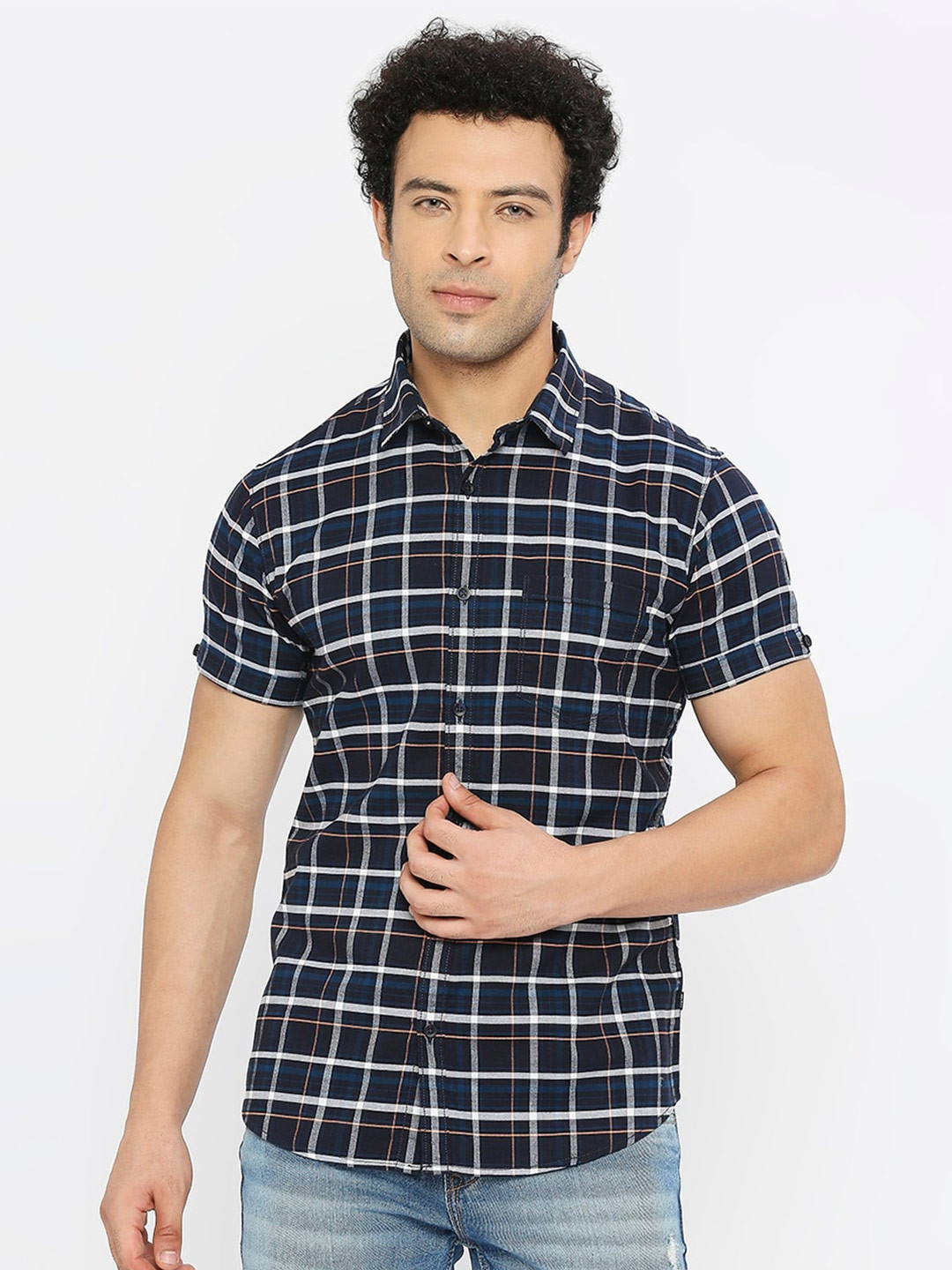 

SPYKAR Classic Slim Fit Checked Cotton Casual Shirt, Navy blue