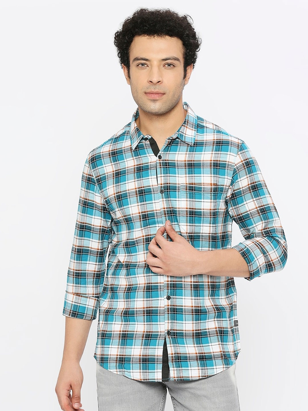 

SPYKAR Slim Fit Checked Cotton Casual Shirt, Blue