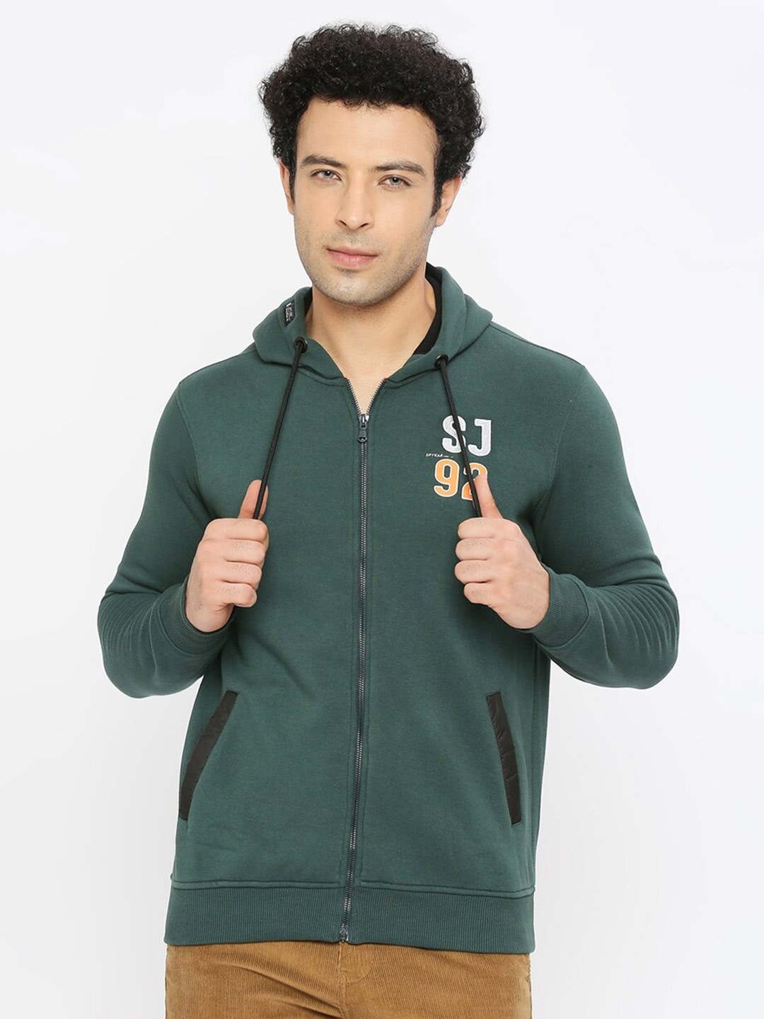 

SPYKAR Hooded Cotton Front Open Sweatshirt, Green
