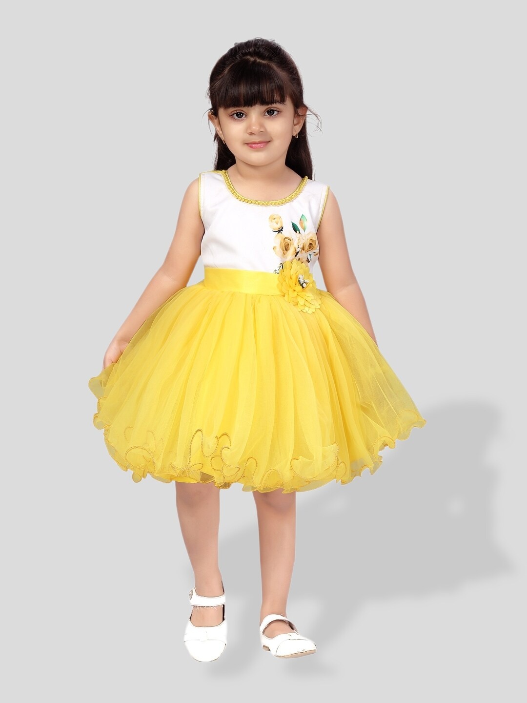 

BAESD Girls Floral Printed Net Fit & Flare Dress, Yellow