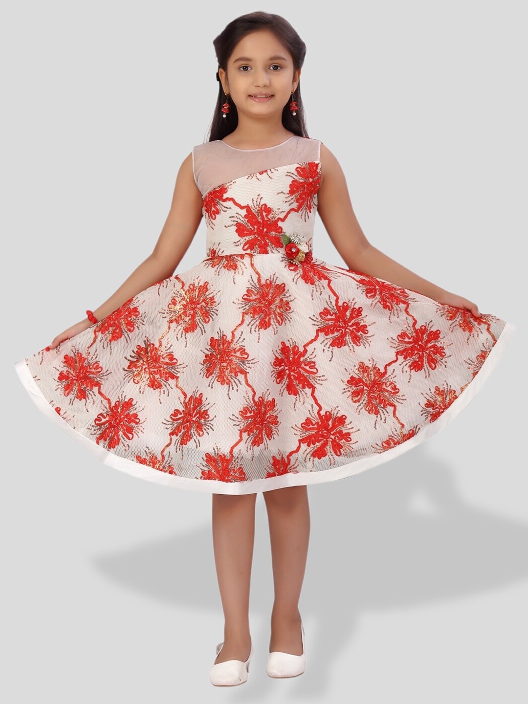 

BAESD Girls Floral Embroidered Sequinned Net Fit & Flare Dress, White
