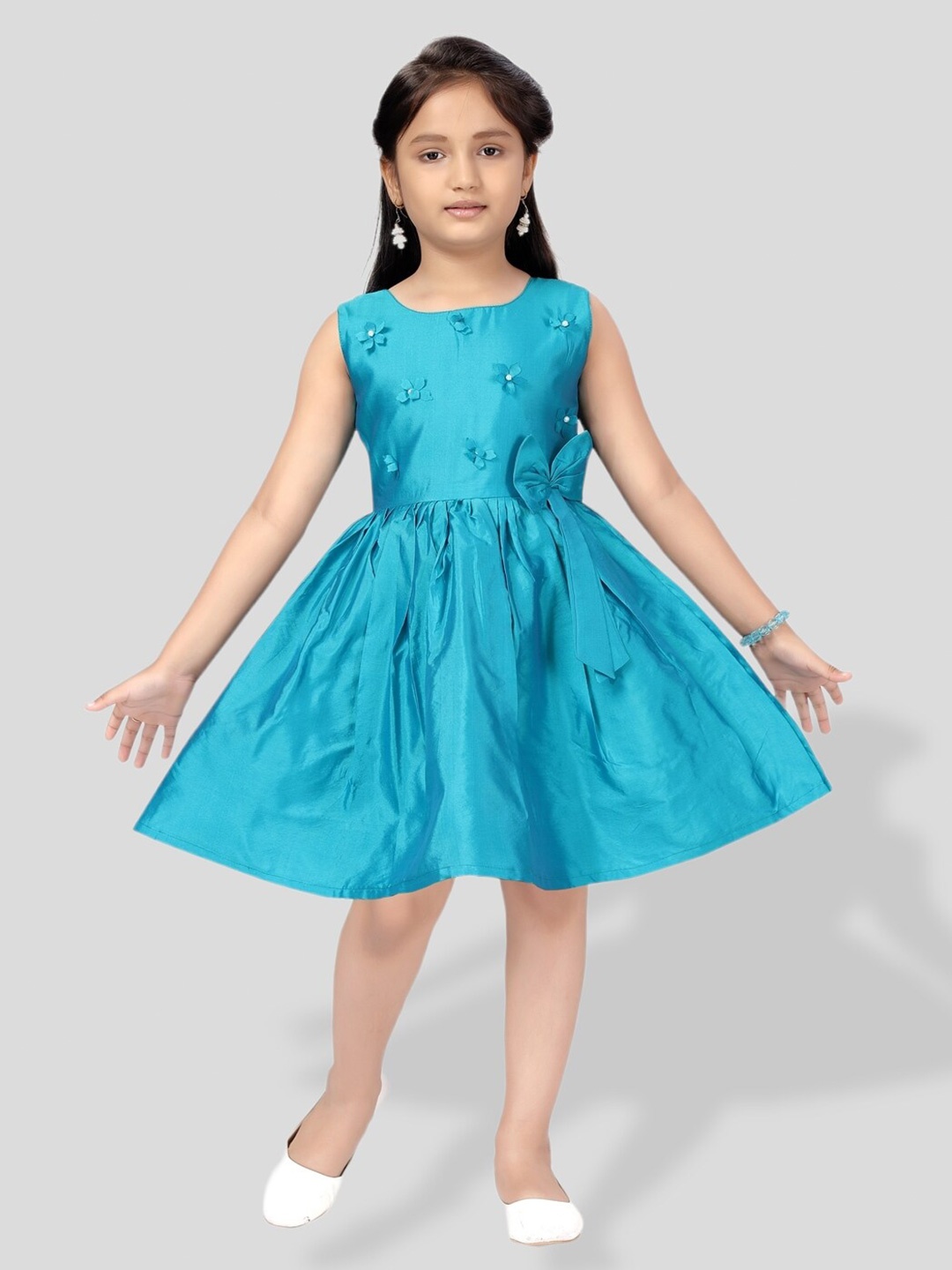 

BAESD Girls Round Neck Bow Detailed Fit & Flare Dress, Turquoise blue