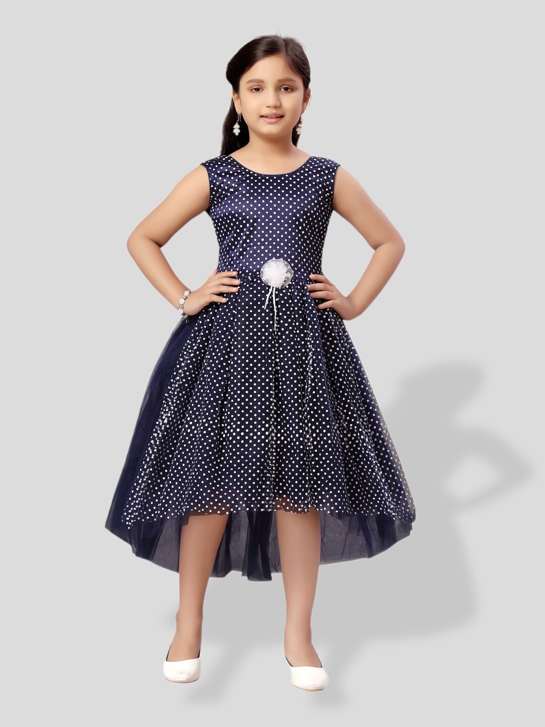 

BAESD Girls Polka Dots Print Fit & Flare Midi Dress, Navy blue